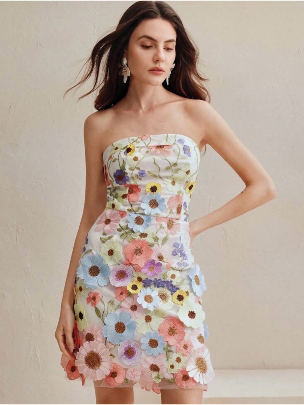 Strapless White Floral Appliqué Mini Dress NEW